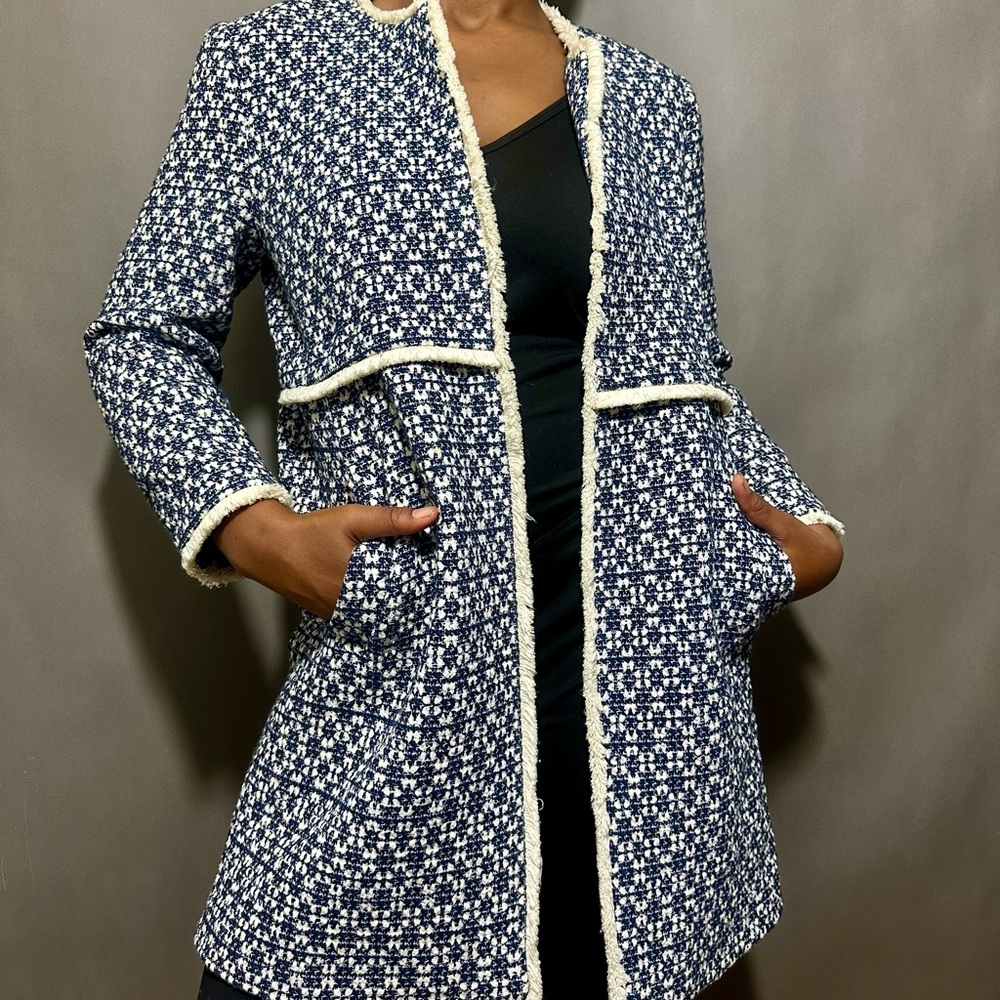 Zara Navy and Cream Tweed Jacket